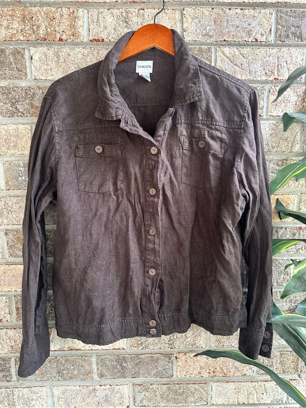 Chico's 100% Linen Women's Brown Wood Button-Front Lightweight Shirt Jacket